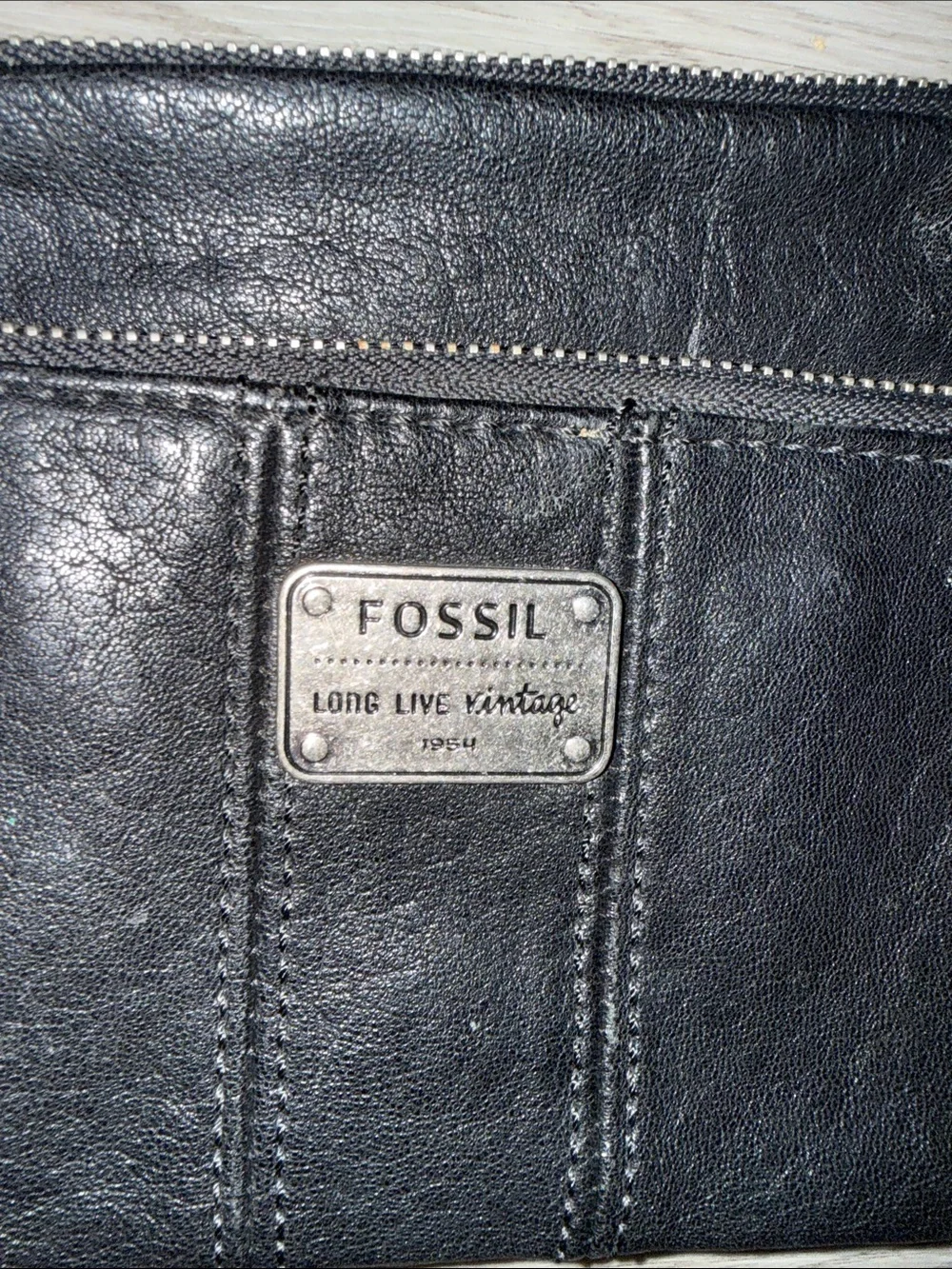 Fossil Black Leather Compact Crossbody Bag with bag charm
